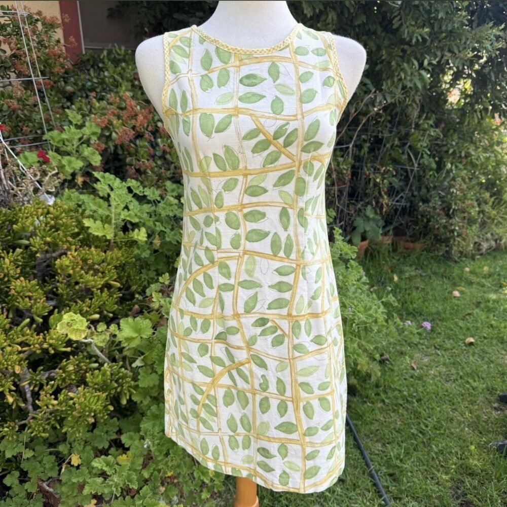 Vtg 90s The Avery Kid Co Cotton Shift Dress Green Leaf Trellis Gingham Trim Sz 4
